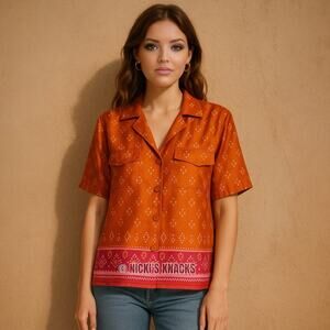 DR2 Satin Button Down Shirt Geometric Boho Vacation Resortwear Orange Pink Sze L